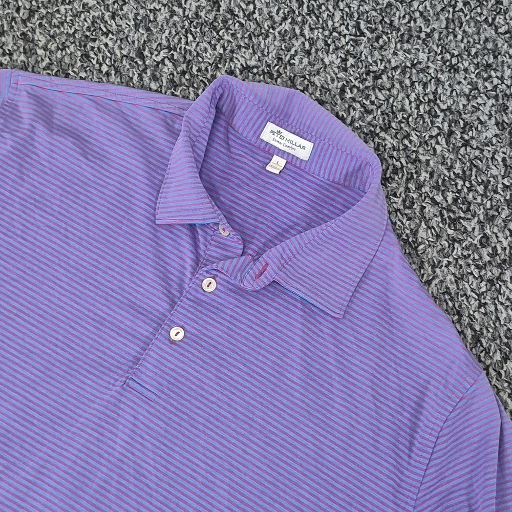 Peter Millar Summer Comfort Mens Large Polo Golf Purple Striped Course Logos